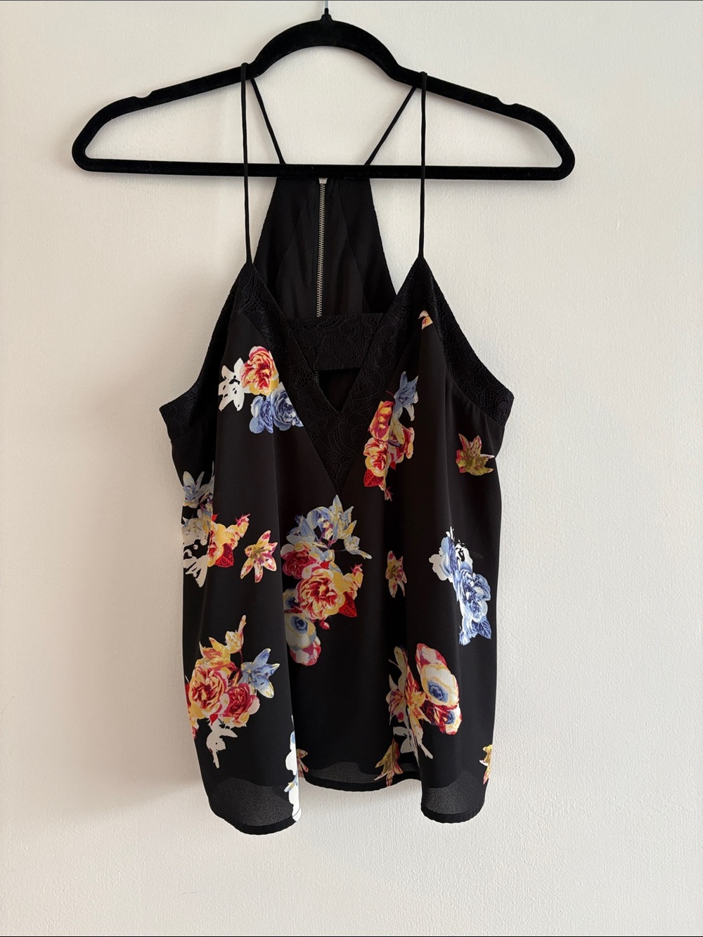 EXPRESS SMALL FLORAL V-Neck Black Spaghetti Strap Tank Top